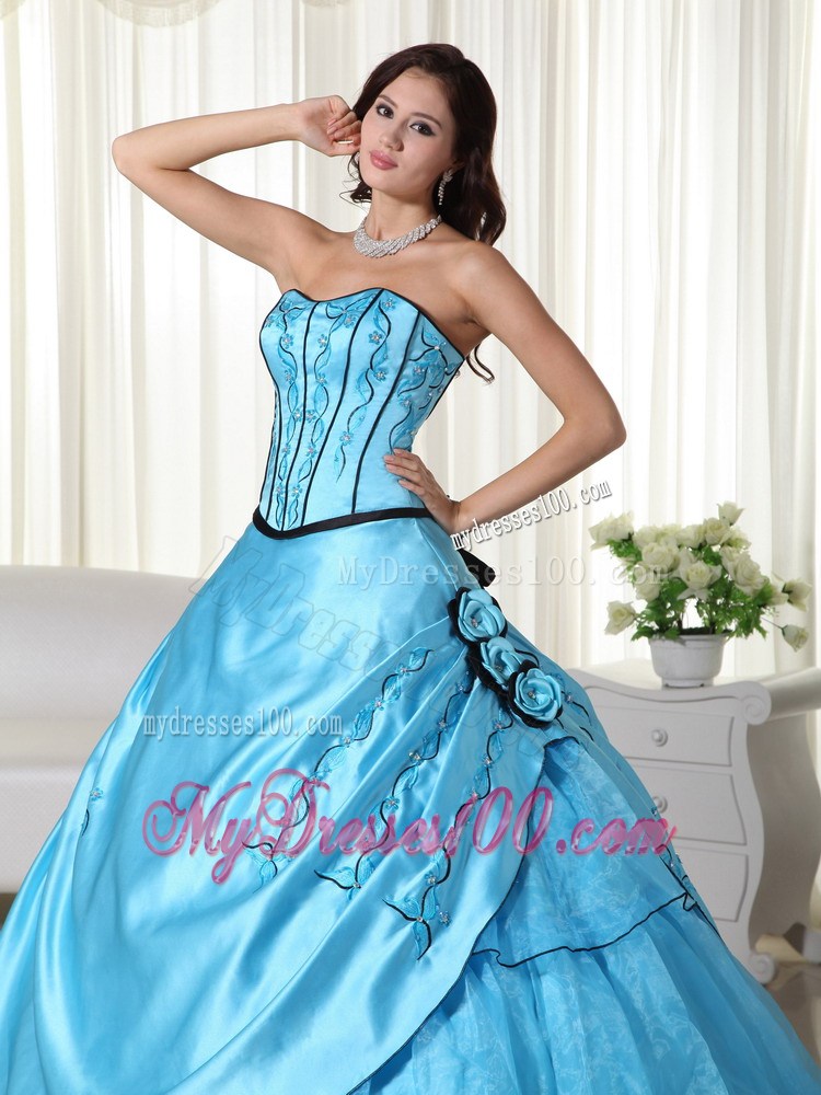 Aqua Blue Floor-length Embroidery Flower Layered Dresses for 15