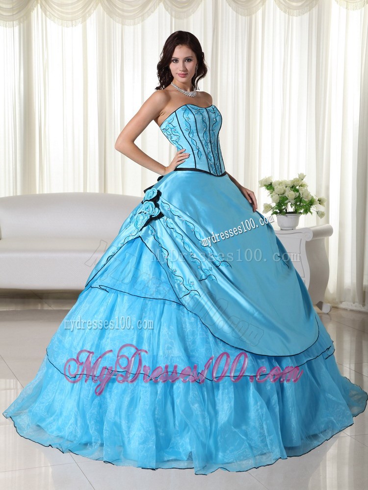 Aqua Blue Floor-length Embroidery Flower Layered Dresses for 15