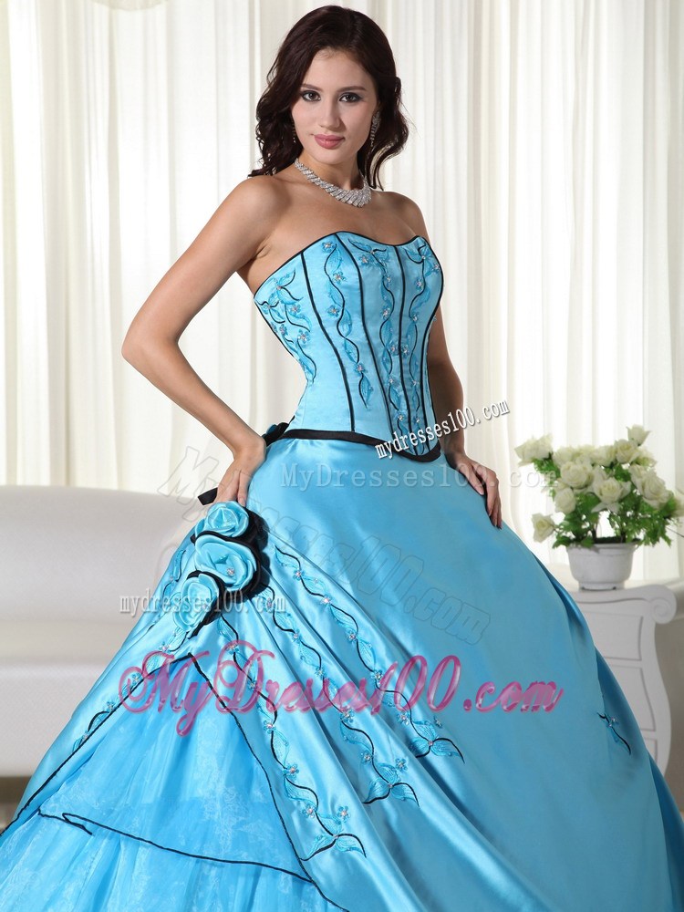 Aqua Blue Floor-length Embroidery Flower Layered Dresses for 15