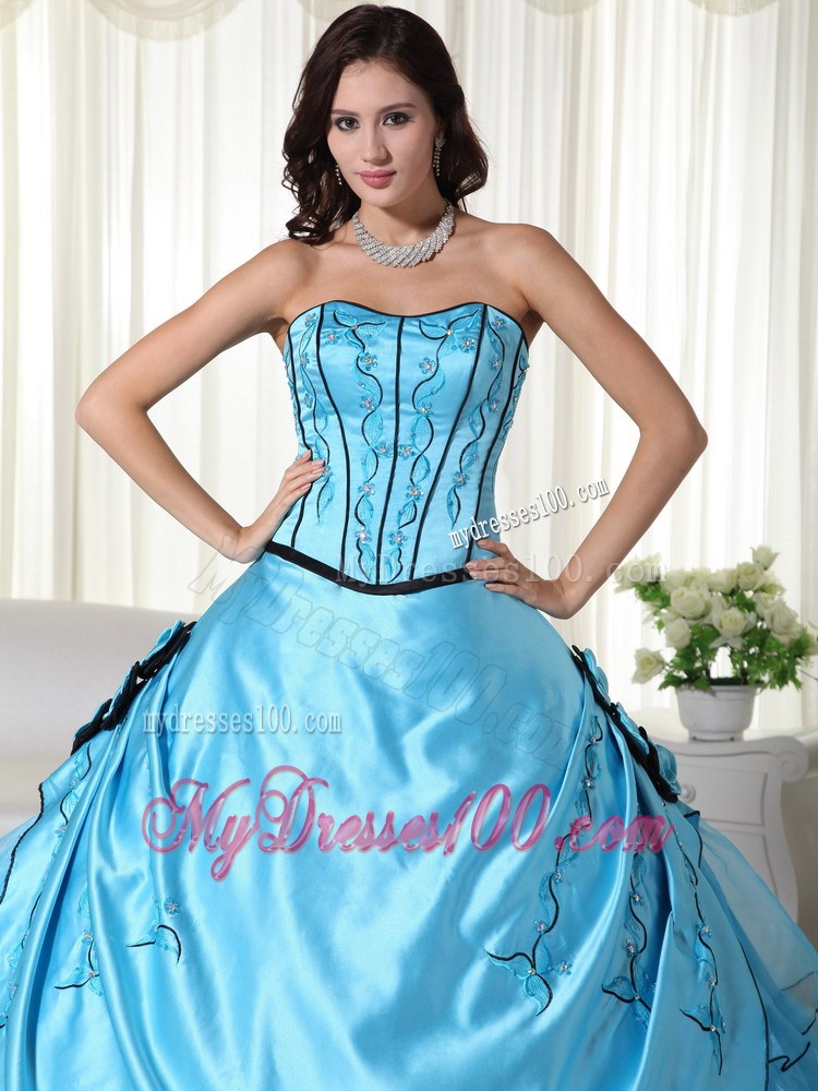 Aqua Blue Floor-length Embroidery Flower Layered Dresses for 15
