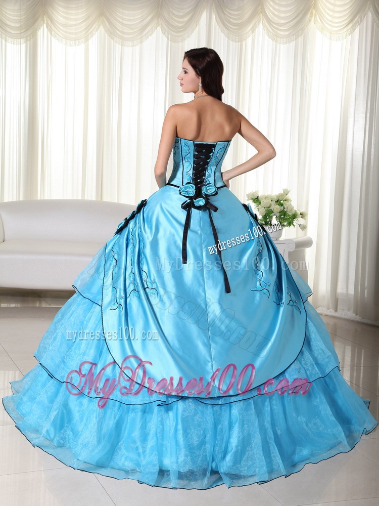 Aqua Blue Floor-length Embroidery Flower Layered Dresses for 15