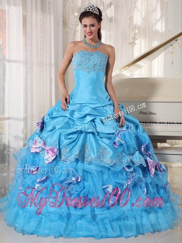 Floor-length Aqua Ruffling Layers Quinceanera Dress with Pick-ups and Bowknot