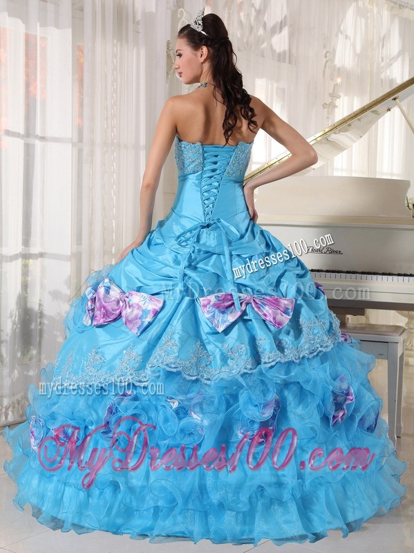 Floor-length Aqua Ruffling Layers Quinceanera Dress with Pick-ups and Bowknot