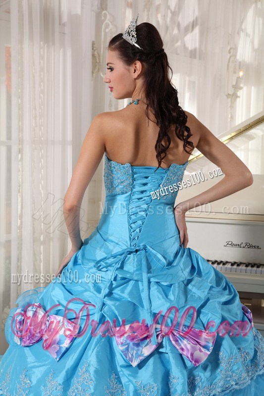 Floor-length Aqua Ruffling Layers Quinceanera Dress with Pick-ups and Bowknot