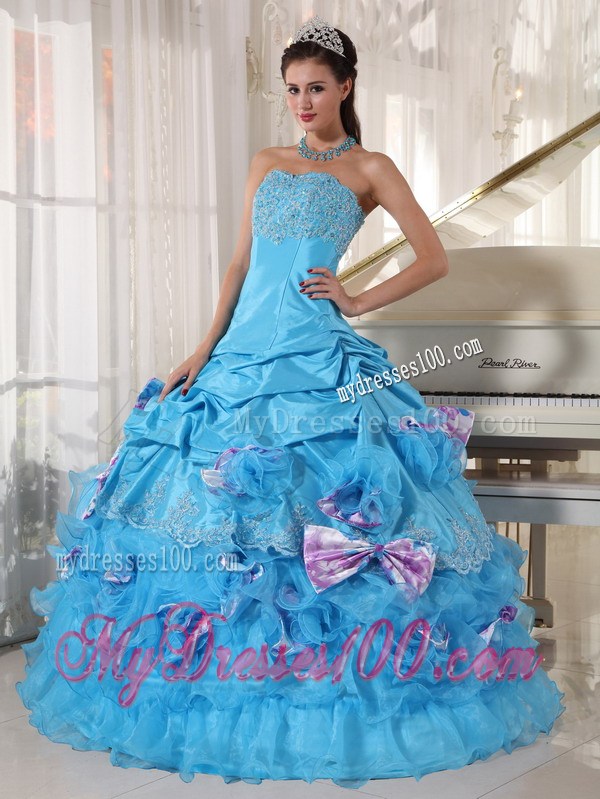 Floor-length Aqua Ruffling Layers Quinceanera Dress with Pick-ups and Bowknot