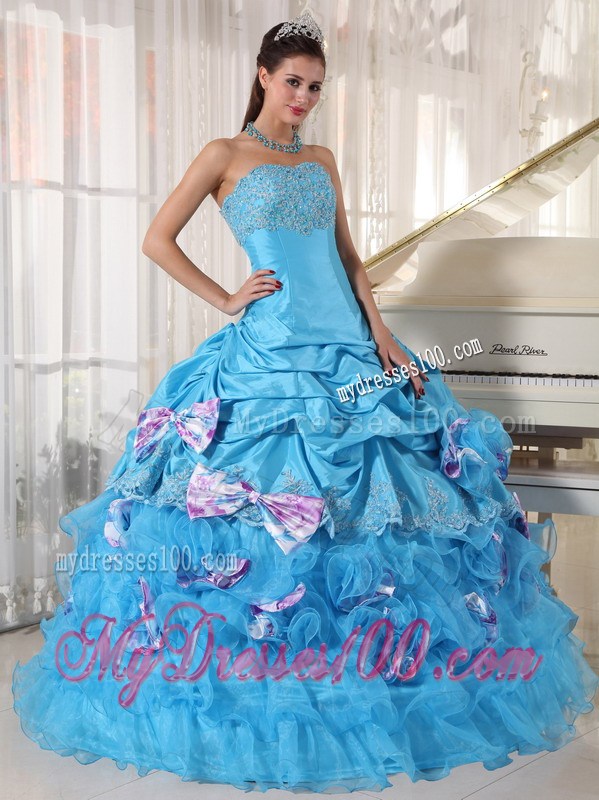 Floor-length Aqua Ruffling Layers Quinceanera Dress with Pick-ups and Bowknot
