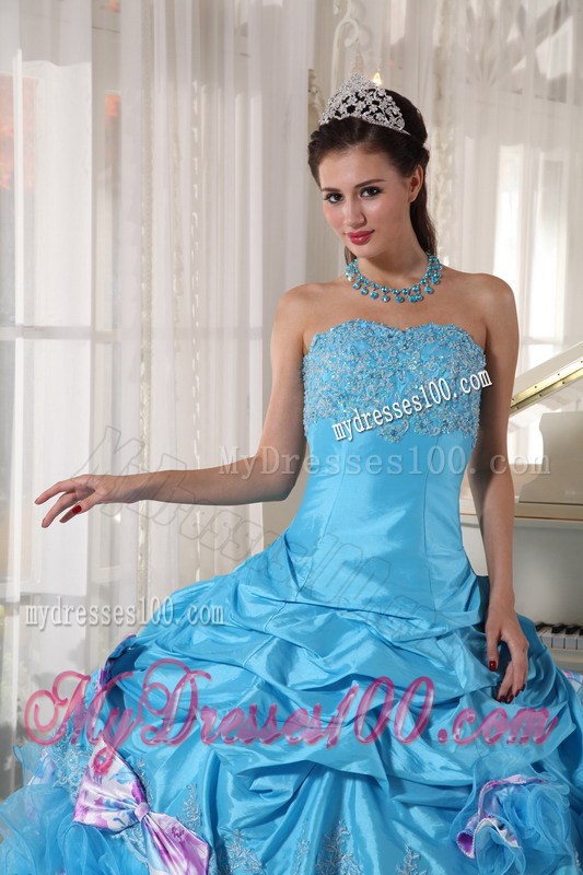 Floor-length Aqua Ruffling Layers Quinceanera Dress with Pick-ups and Bowknot