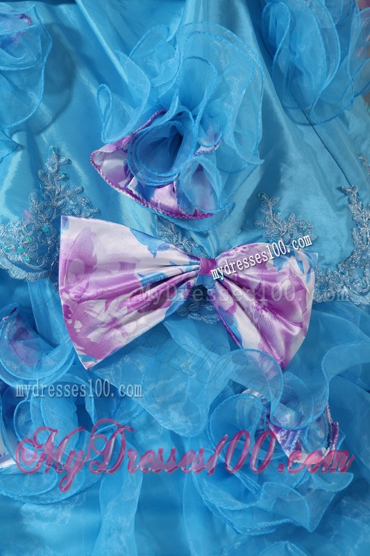 Floor-length Aqua Ruffling Layers Quinceanera Dress with Pick-ups and Bowknot