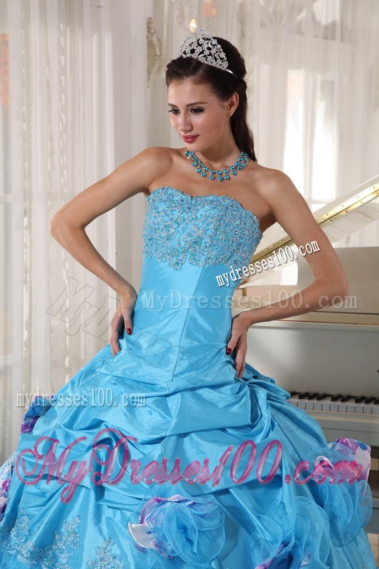 Floor-length Aqua Ruffling Layers Quinceanera Dress with Pick-ups and Bowknot