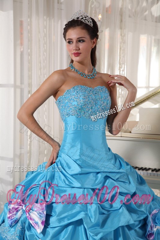 Floor-length Aqua Ruffling Layers Quinceanera Dress with Pick-ups and Bowknot