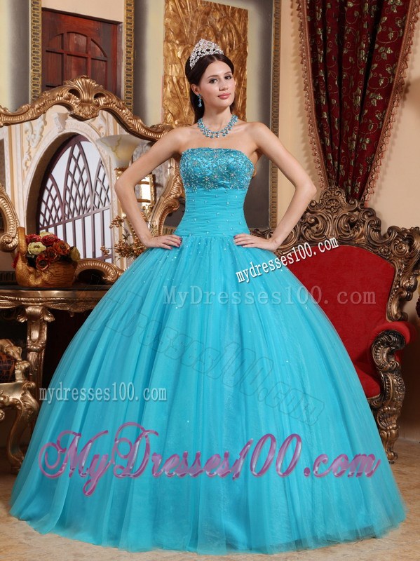 Aqua Tulle Ball Gown Decorated with Beaded Embroidery Dresses for Quinceanera