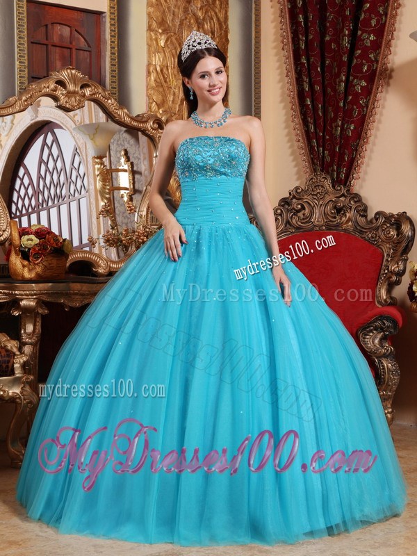 Aqua Tulle Ball Gown Decorated with Beaded Embroidery Dresses for Quinceanera
