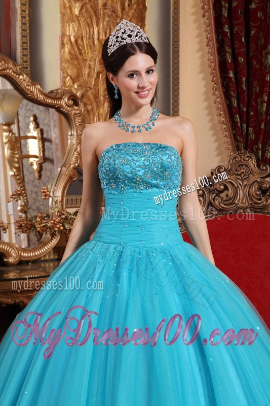 Aqua Tulle Ball Gown Decorated with Beaded Embroidery Dresses for Quinceanera