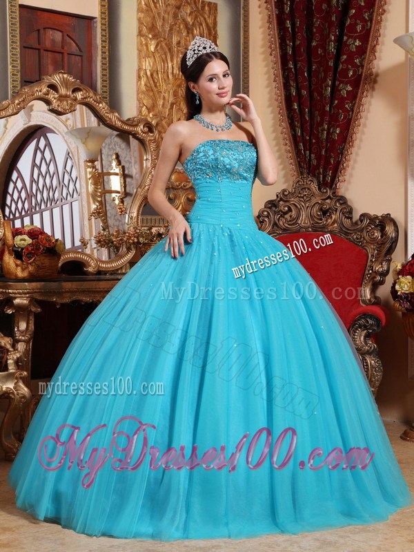 Aqua Tulle Ball Gown Decorated with Beaded Embroidery Dresses for Quinceanera