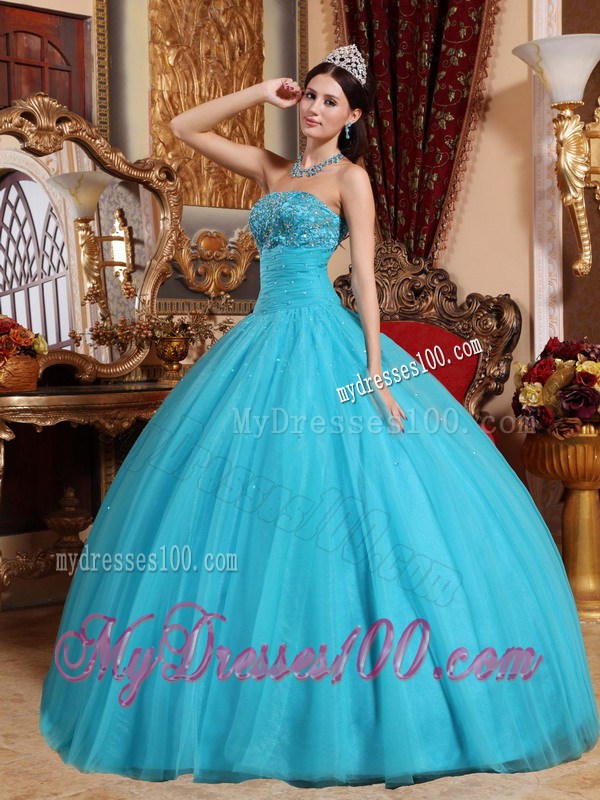 Aqua Tulle Ball Gown Decorated with Beaded Embroidery Dresses for Quinceanera