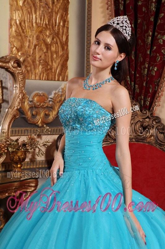 Aqua Tulle Ball Gown Decorated with Beaded Embroidery Dresses for Quinceanera