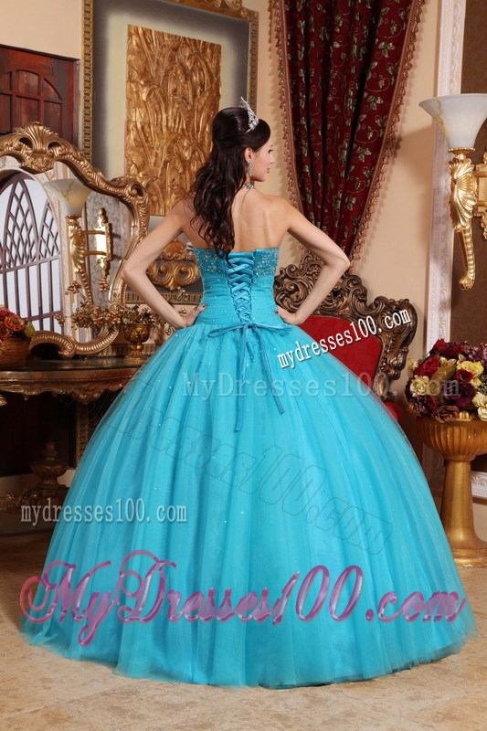 Aqua Tulle Ball Gown Decorated with Beaded Embroidery Dresses for Quinceanera
