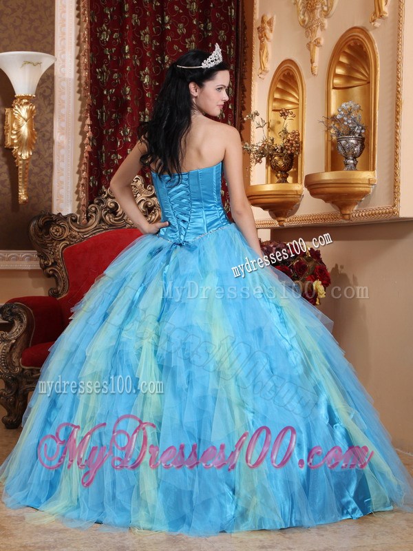 Two Tone Blue Sweetheart Dresses for Quinceanera with Ruffles and Beading