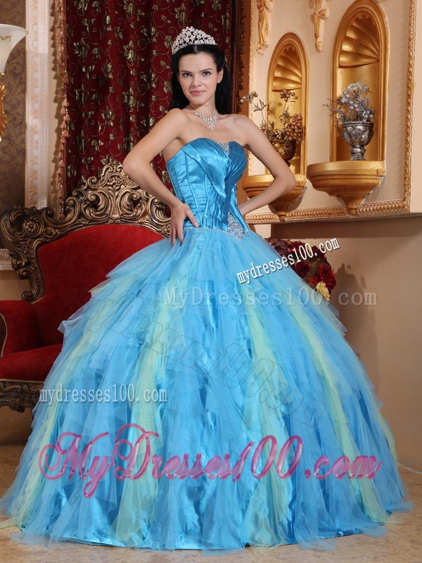Two Tone Blue Sweetheart Dresses for Quinceanera with Ruffles and Beading