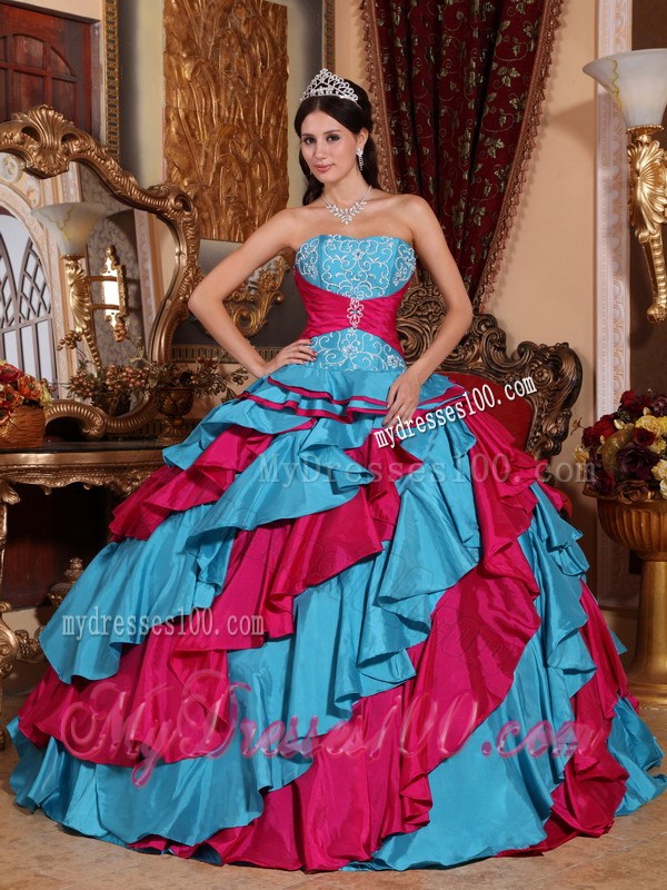 Aqua Blue and Red Embroidery Decorate Dresses for 16 with Tiers Of Ruffles