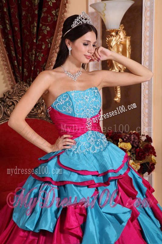 Aqua Blue and Red Embroidery Decorate Dresses for 16 with Tiers Of Ruffles