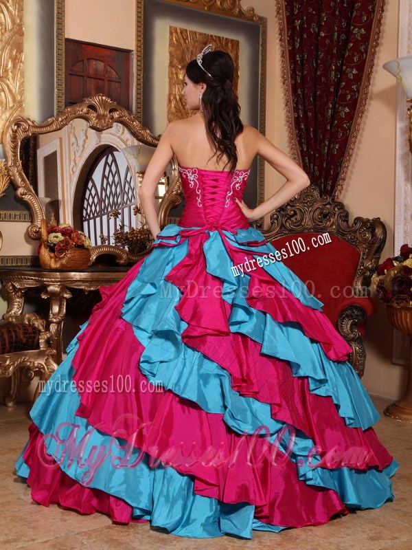 Aqua Blue and Red Embroidery Decorate Dresses for 16 with Tiers Of Ruffles