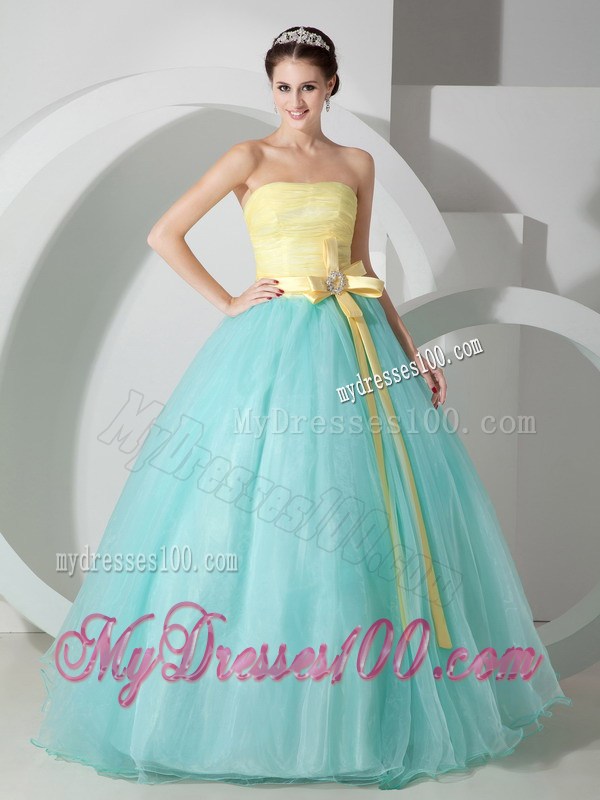 Aqua Blue and Yellow Ball Gown Floor-length Organza Sweet 15 Dress with Sash