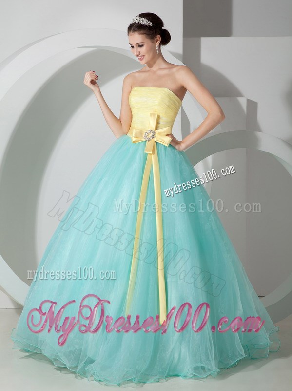 Aqua Blue and Yellow Ball Gown Floor-length Organza Sweet 15 Dress with Sash