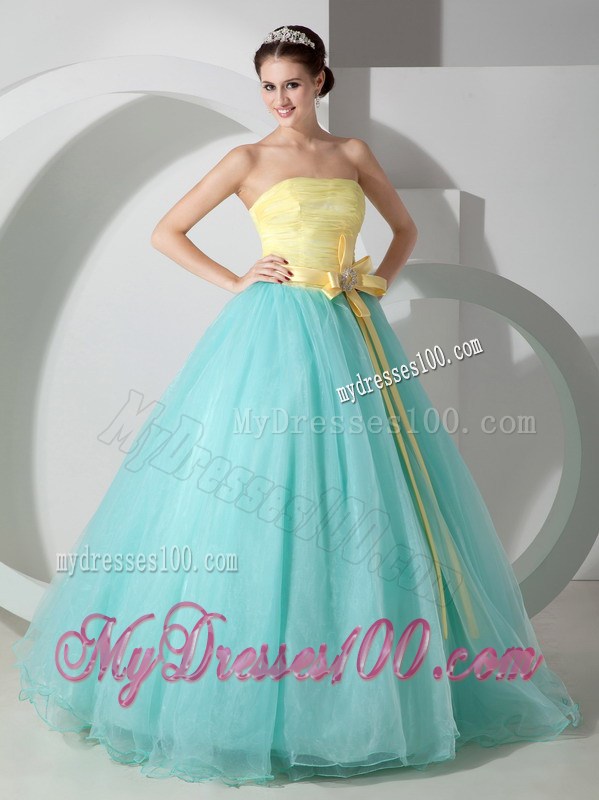 Aqua Blue and Yellow Ball Gown Floor-length Organza Sweet 15 Dress with Sash