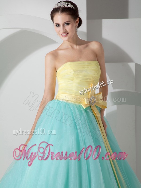 Aqua Blue and Yellow Ball Gown Floor-length Organza Sweet 15 Dress with Sash