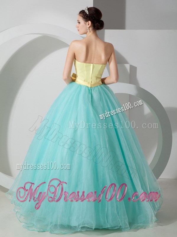 Aqua Blue and Yellow Ball Gown Floor-length Organza Sweet 15 Dress with Sash