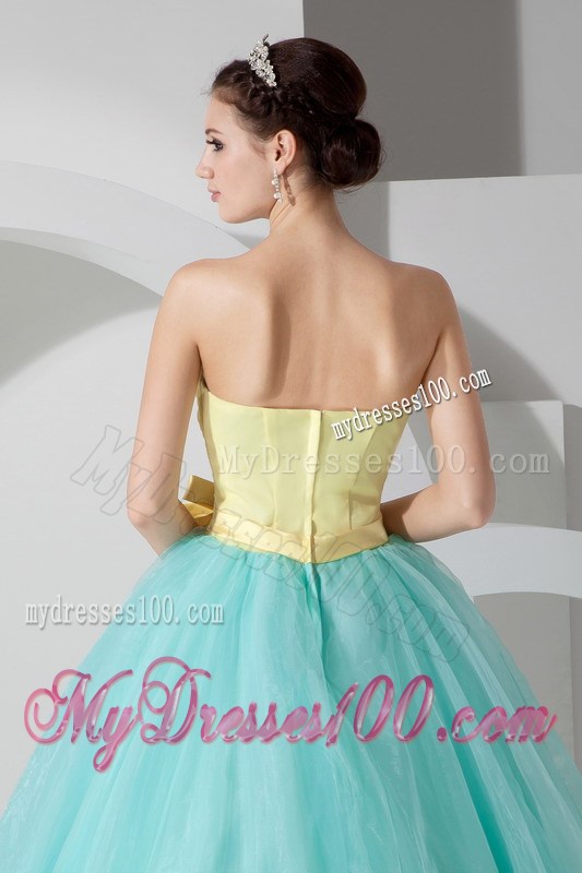 Aqua Blue and Yellow Ball Gown Floor-length Organza Sweet 15 Dress with Sash