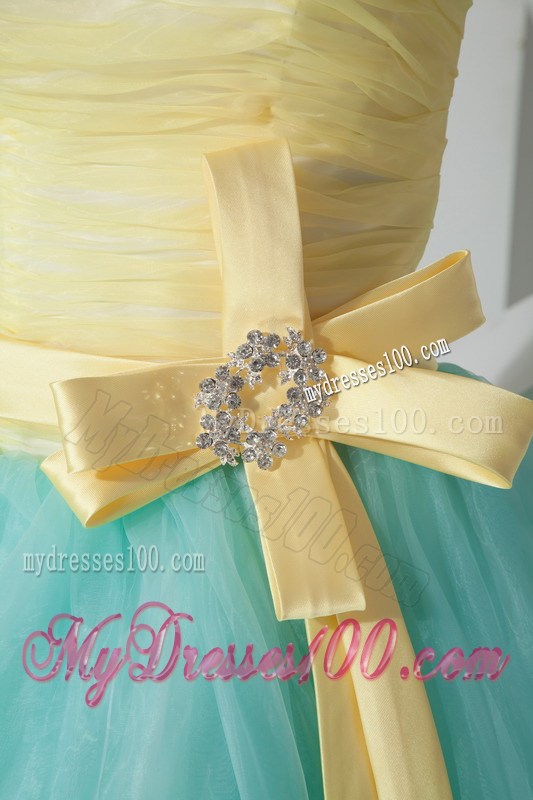 Aqua Blue and Yellow Ball Gown Floor-length Organza Sweet 15 Dress with Sash