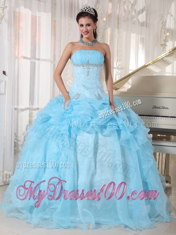 Ball Gown Organza Beading and Ruffles Decorate Quinceanera Dress in Baby Blue