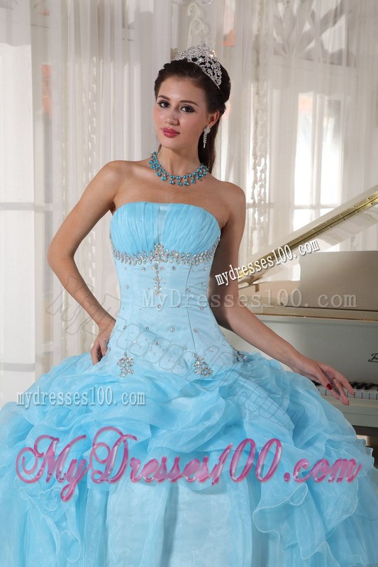 Ball Gown Organza Beading and Ruffles Decorate Quinceanera Dress in Baby Blue