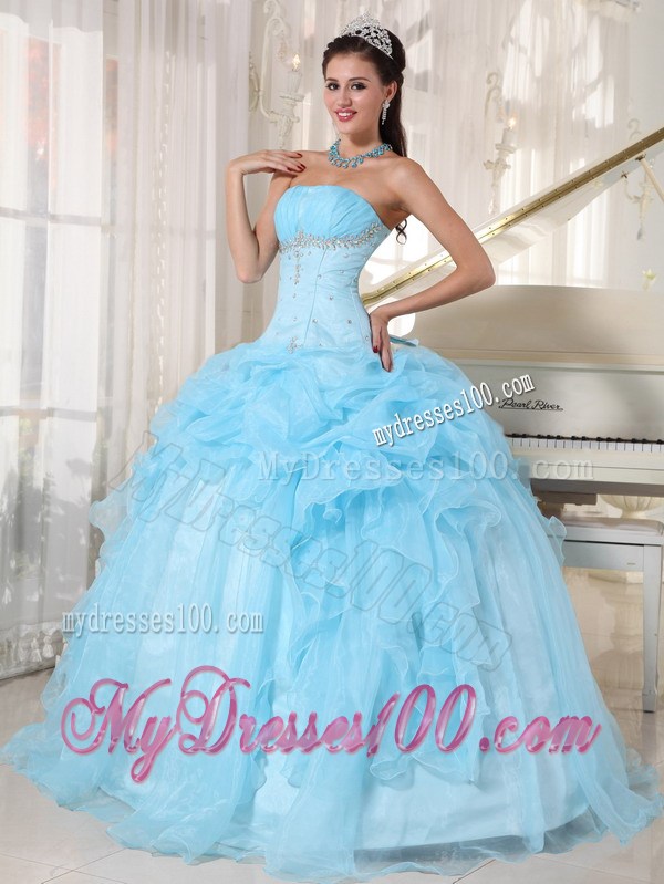 Ball Gown Organza Beading and Ruffles Decorate Quinceanera Dress in Baby Blue
