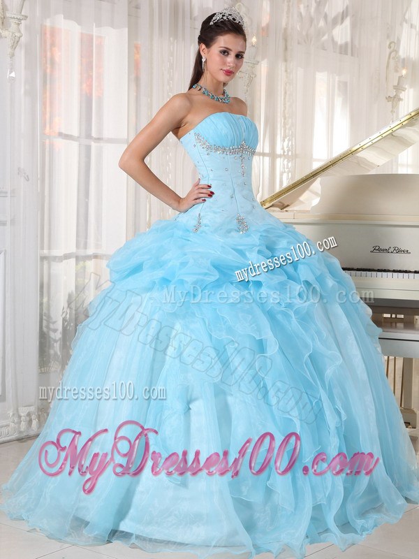 Ball Gown Organza Beading and Ruffles Decorate Quinceanera Dress in Baby Blue