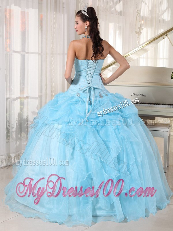 Ball Gown Organza Beading and Ruffles Decorate Quinceanera Dress in Baby Blue