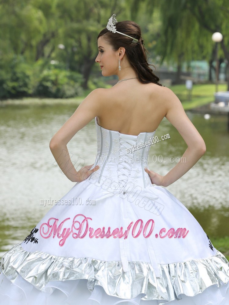 Appliqued White Quinceanera Dress with Layered Silver Flounce