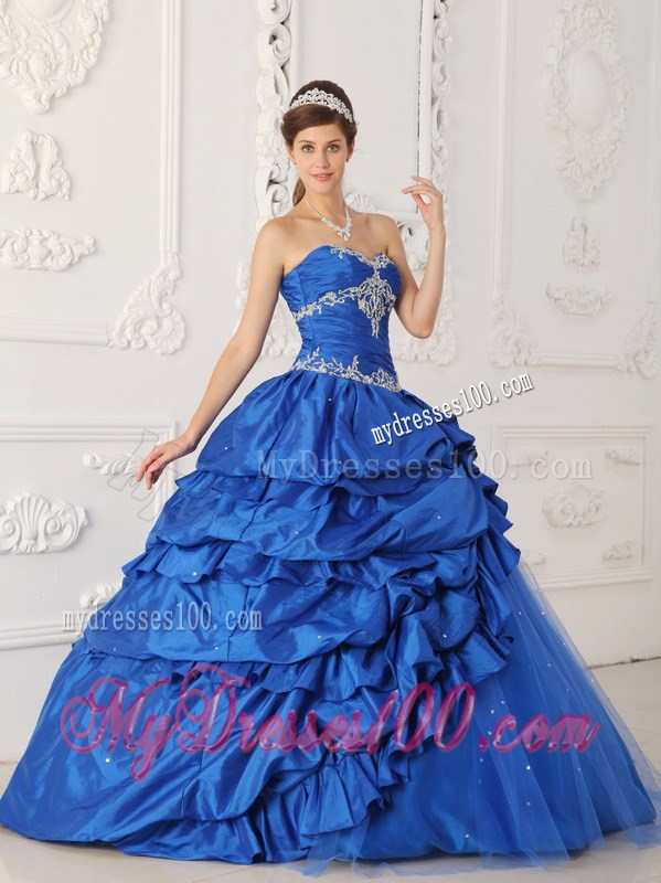 Blue Taffeta and Tulle Appliques Quinceanera Dress with Tiers Of Pick-ups