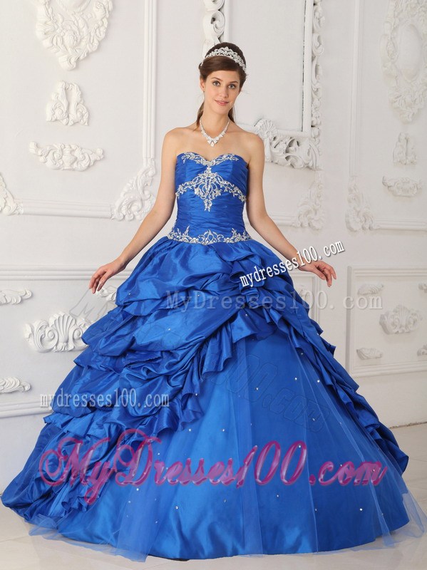 Blue Taffeta and Tulle Appliques Quinceanera Dress with Tiers Of Pick-ups