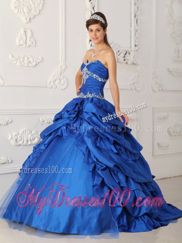 Blue Taffeta and Tulle Appliques Quinceanera Dress with Tiers Of Pick-ups
