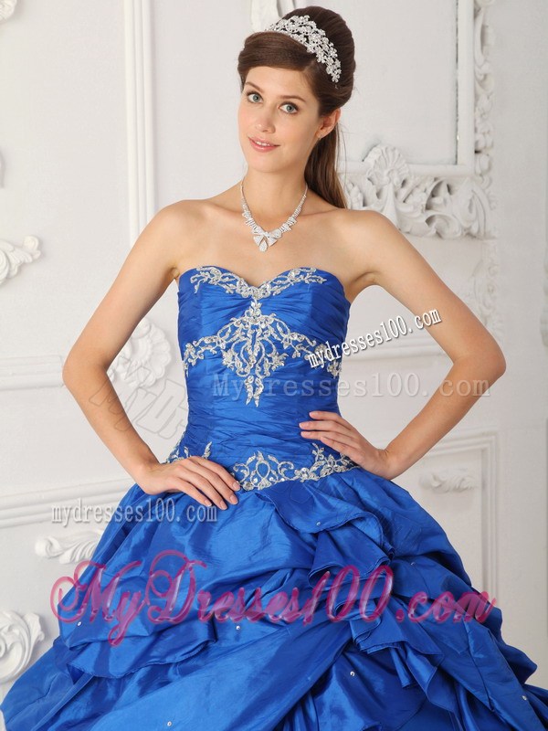 Blue Taffeta and Tulle Appliques Quinceanera Dress with Tiers Of Pick-ups