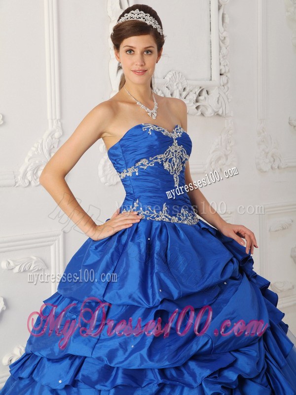 Blue Taffeta and Tulle Appliques Quinceanera Dress with Tiers Of Pick-ups
