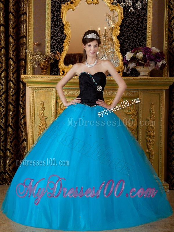 Strapless Black and Blue Sweetheart Tulle Quinceanera Gown with Beading