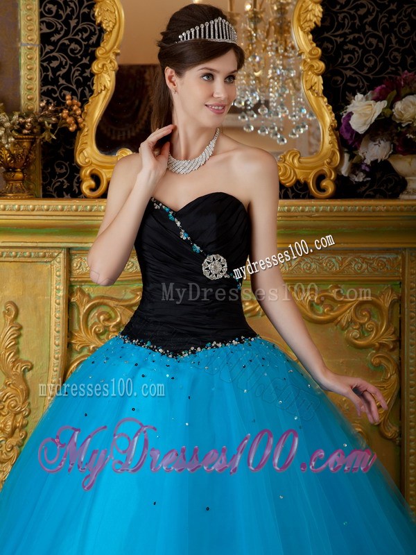 Strapless Black and Blue Sweetheart Tulle Quinceanera Gown with Beading