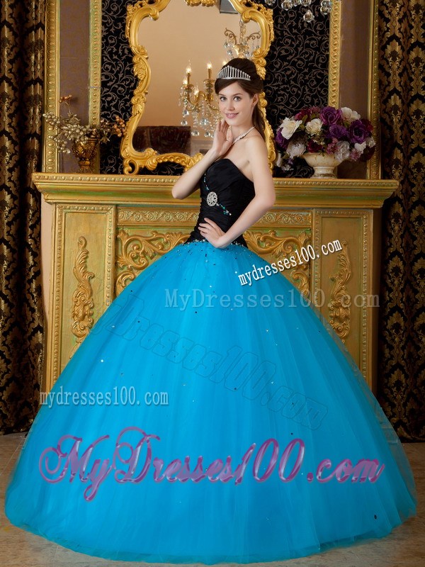 Strapless Black and Blue Sweetheart Tulle Quinceanera Gown with Beading