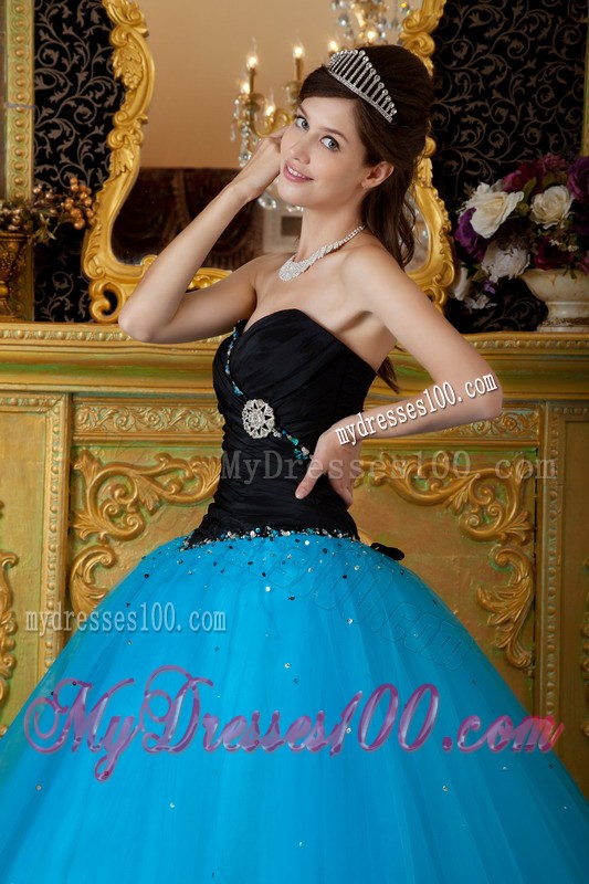 Strapless Black and Blue Sweetheart Tulle Quinceanera Gown with Beading