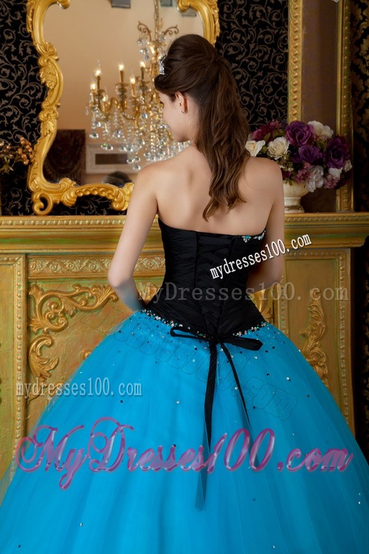 Strapless Black and Blue Sweetheart Tulle Quinceanera Gown with Beading