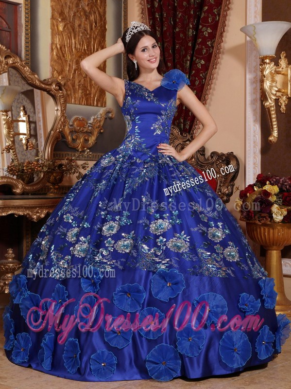 Romantic Blue V-neck Floor-length Printing and Flowers Quinceanera Gown